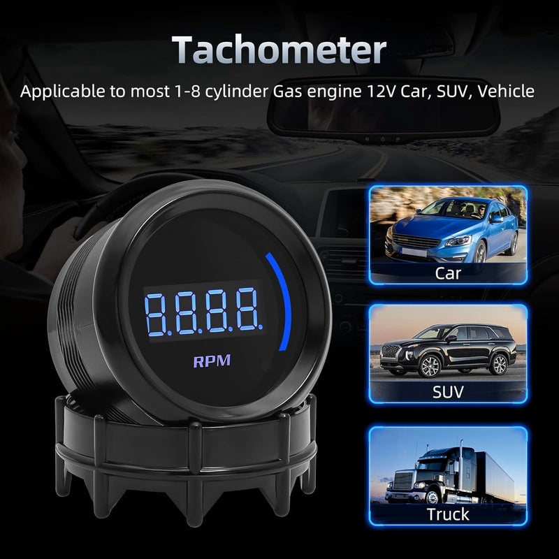 ARTILAURA 2" 52mm Tachometer 0-9000 RPM Gauge Blue Digital Tacho Meter for 12V Universal Car Auto - Image 4